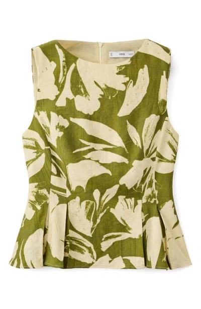 Mango Printed Peplum Top In Green