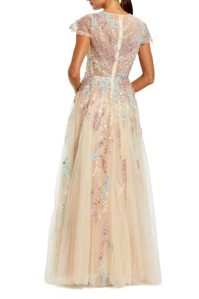 Mac Duggal Embellished Net Wrap Flutter Sleeve Gown In Neutral