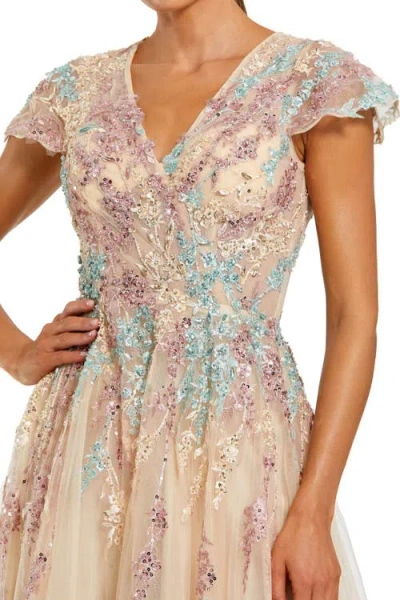 Mac Duggal Embellished Net Wrap Flutter Sleeve Gown In Neutral