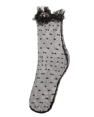 Memoi Mesh Dot Pattern Lace Trim Ankle Sock In Black