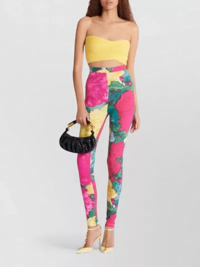 Balmain Jersey Leggings Roses Print Logo Detail In Multi