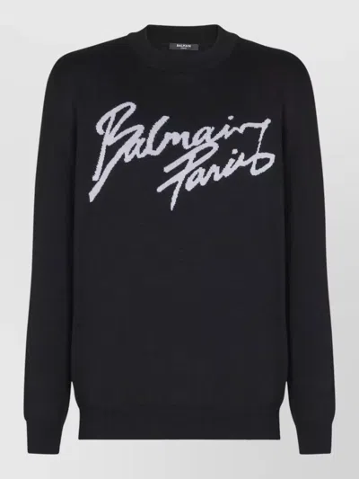 Balmain Paris Logo Intarsia Merino Wool Blend Sweater