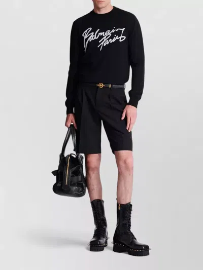 Balmain Paris Logo Intarsia Merino Wool Blend Sweater