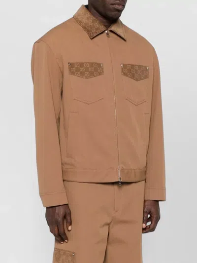 Gucci Blazer Camel Patterned Collar Buttoned Flap Pockets In Brown