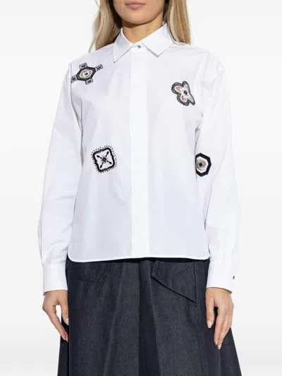 Max Mara Shirt Pointed Collar Long Sleeves Applique Embroidery In White