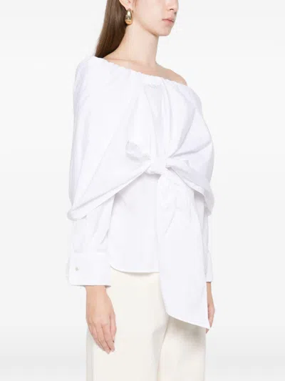 Max Mara Off-the-shoulder Tie-detailed Gathered Cotton-poplin Blouse In White
