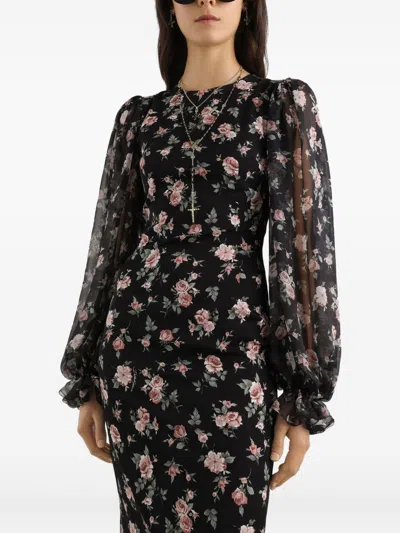 Dolce & Gabbana Black Fitted Midi Dress With Floral Print Dolce E Gabbana