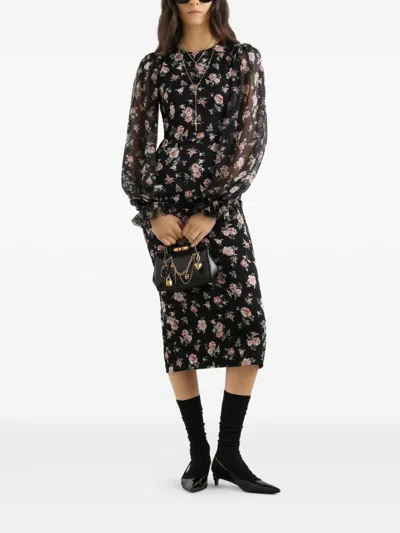 Dolce & Gabbana Black Fitted Midi Dress With Floral Print Dolce E Gabbana