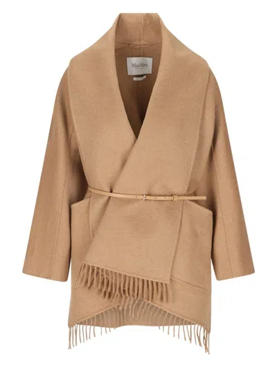 Max Mara Abilita Fringed Camel Hair Belted Cape Jacket In Brown
