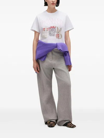 Ganni Graphic Print Crew Neck Short Sleeve Top In White