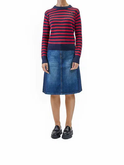 Marc Jacobs Striped-pattern Flower-embellished Sweater In Blue