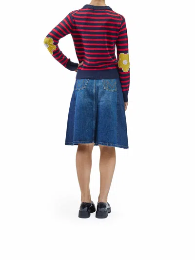 Marc Jacobs Striped-pattern Flower-embellished Sweater In Blue