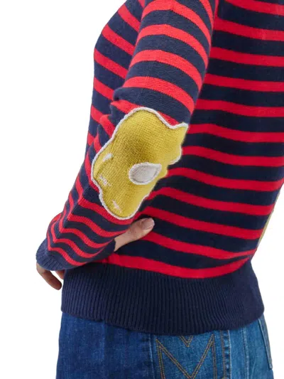Marc Jacobs Striped-pattern Flower-embellished Sweater In Blue