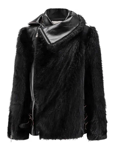 Sacai Leather Jacket With Adjustable Side Straps In Black