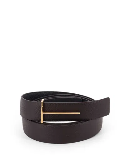 Tom Ford Reversible Tonal Embossed Logo Belt With Gold-tone Hardware In Brown