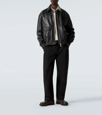 Studio Nicholson Leather Bomber Jacket Collared Elasticated Hem In Black