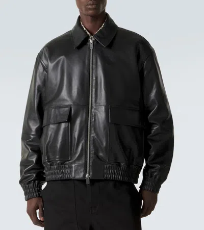Studio Nicholson Leather Bomber Jacket Collared Elasticated Hem In Black
