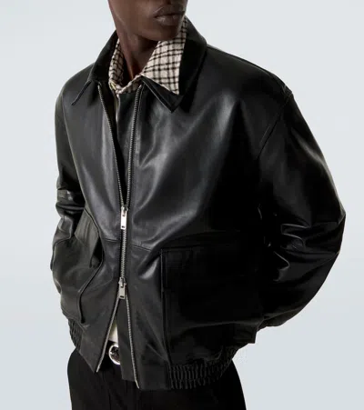 Studio Nicholson Leather Bomber Jacket Collared Elasticated Hem In Black