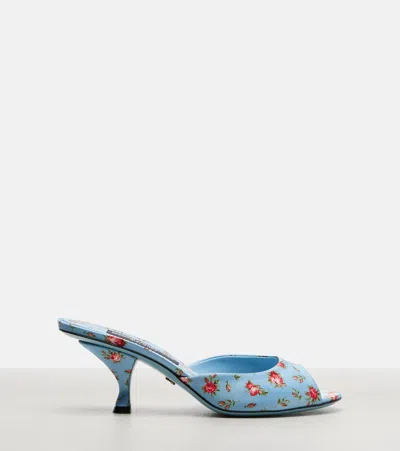 Dolce & Gabbana Keira Satin Mules With Little Roses Print In Blue