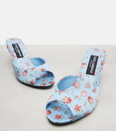 Dolce & Gabbana Keira Satin Mules With Little Roses Print In Blue