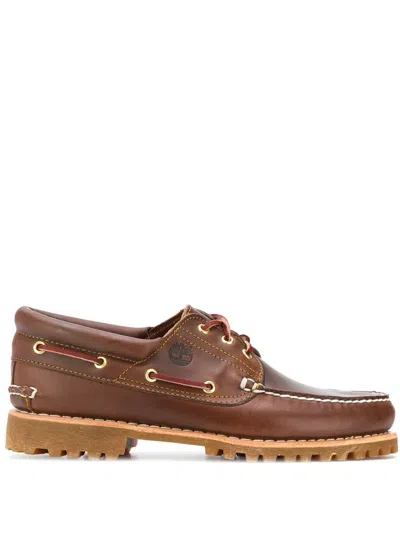 Timberland Authentic Brown Loafers With Embossed Logo On The Side In Leather Man In Burgundy