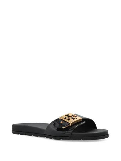 Tory Burch Patent Synthetic Leather Buckle Slide In Black