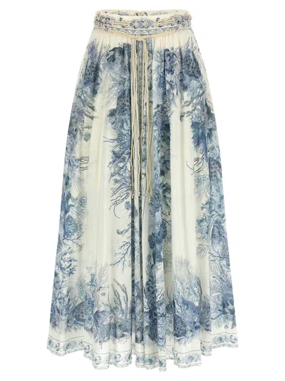 Zimmermann Wanderlust Belted Pleated Printed Cotton Maxi Skirt In Blue