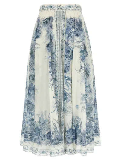 Zimmermann Wanderlust Belted Pleated Printed Cotton Maxi Skirt In Blue