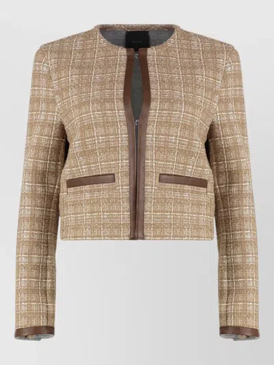 Pinko Tweed Jacket Long Sleeves Leather Trim In Brown