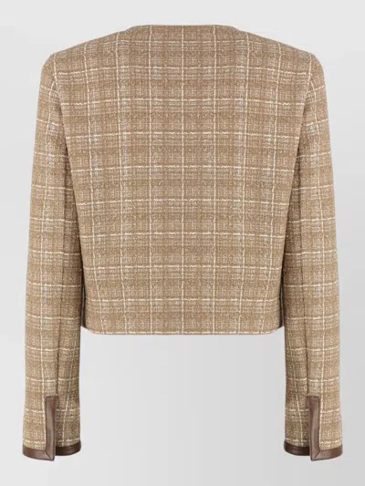 Pinko Tweed Jacket Long Sleeves Leather Trim In Brown