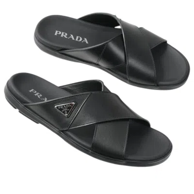 Prada Triangle Logo Criss-cross Sandals In Black