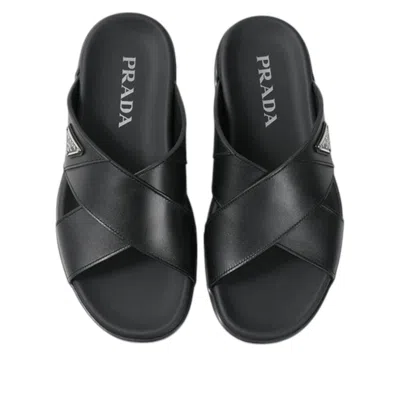 Prada Triangle Logo Criss-cross Sandals In Black