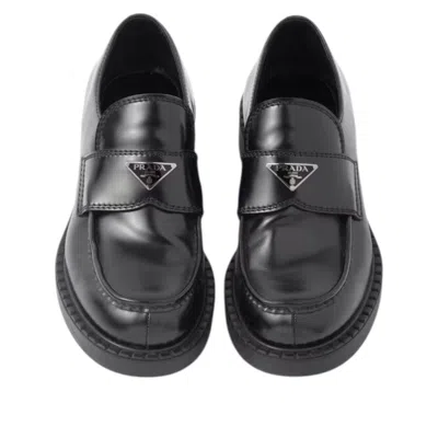 Prada Triangle Logo Brushed Leather Loafers In Black