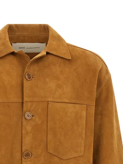 Ami Alexandre Mattiussi Suede Oversize Shirt Long Sleeves Chest Pocket In Brown