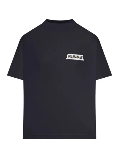 Balenciaga Medium Fit Masking Tape Logo Dry Jersey T-shirt In Black