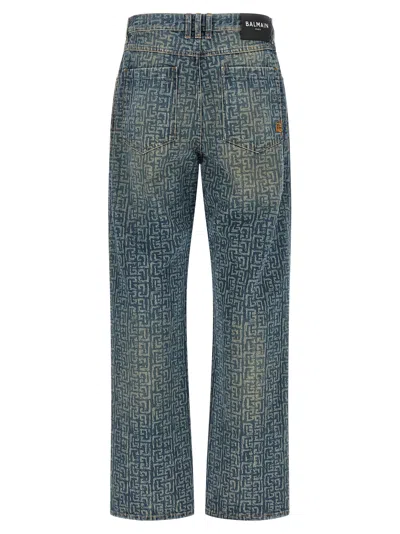 Balmain Monogram Denim Trousers All Over Pattern In Blue