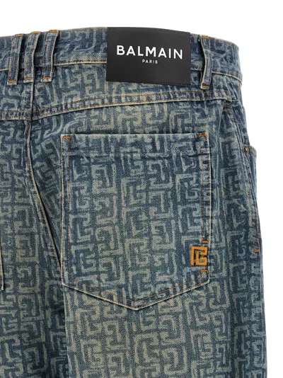 Balmain Monogram Denim Trousers All Over Pattern In Blue