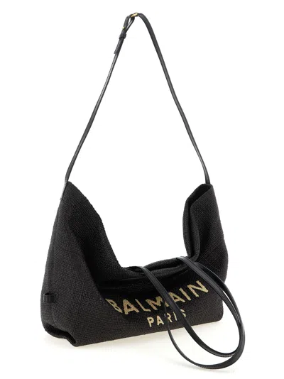 Balmain Women Track Shoulder Bag In Leather And Raffia In Black