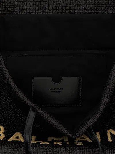 Balmain Women Track Shoulder Bag In Leather And Raffia In Black