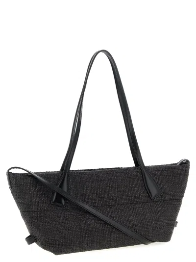 Balmain Women Track Shoulder Bag In Leather And Raffia In Black