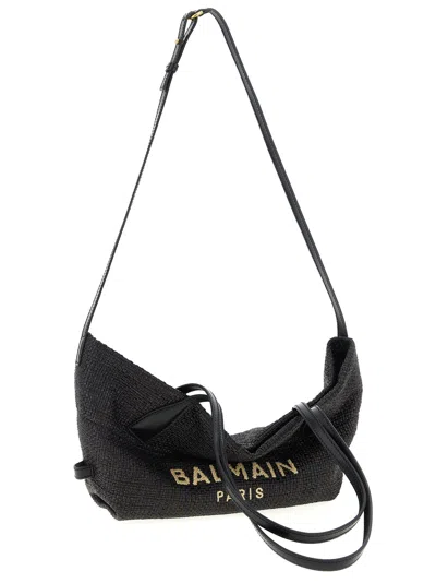 Balmain Women Track Shoulder Bag In Leather And Raffia In Black