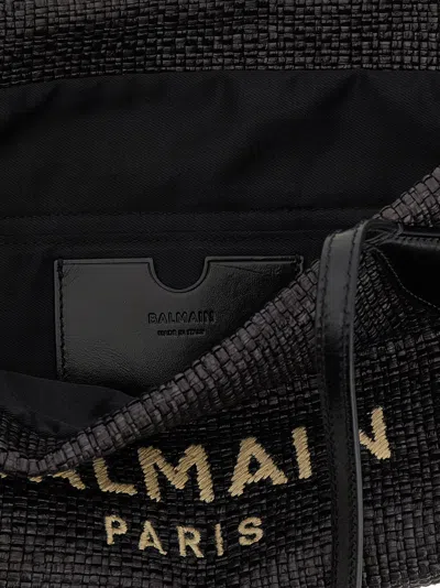 Balmain Women Track Shoulder Bag In Leather And Raffia In Black