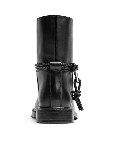 Bottega Veneta Women Black Ankle Boots With Metallic Detail On The Side And Applied Laces In Leather