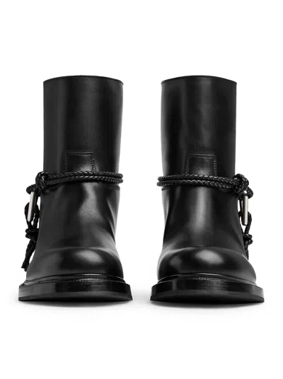 Bottega Veneta Women Black Ankle Boots With Metallic Detail On The Side And Applied Laces In Leather