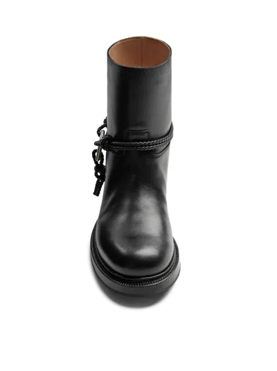 Bottega Veneta Women Black Ankle Boots With Metallic Detail On The Side And Applied Laces In Leather