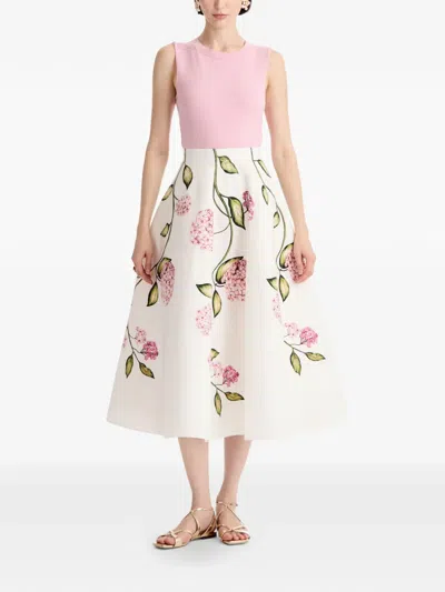Oscar De La Renta Porcelain Flowers Stretch Cotton Poplin A-line Midi Skirt In Multi
