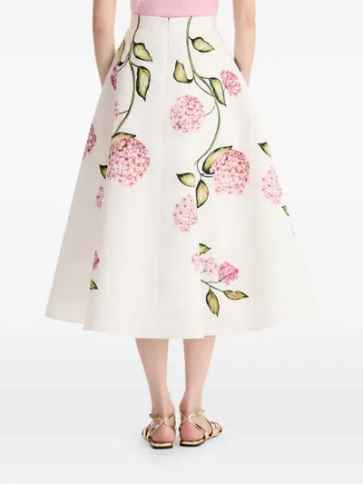 Oscar De La Renta Porcelain Flowers Stretch Cotton Poplin A-line Midi Skirt In Multi