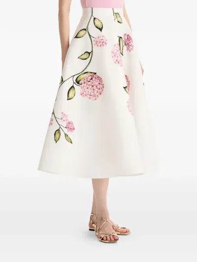 Oscar De La Renta Porcelain Flowers Stretch Cotton Poplin A-line Midi Skirt In Multi