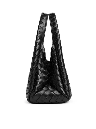 Bottega Veneta Small Leather Intrecciato Campana Shoulder Bag In Black