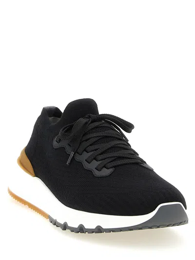 Brunello Cucinelli Cotton Knit And Semi-polished Calfskin Runner Sneakers In Black